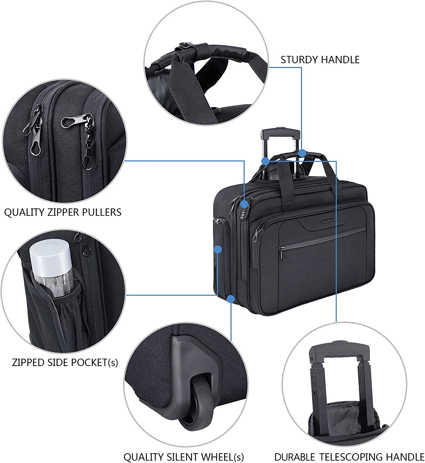 KROSER Rolling Laptop Bag Premium Wheeled Briefcase Fits Up to 17.3 Inch Laptop Water-Proof Overnight Roller Case Computer Bag with RFID Pockets for Travel/Business/School/Men/Women-Black - Image 5